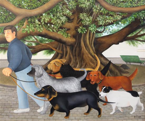 § Beryl Cook (1926-2008) Dog walking in Buenos Aires, 24 x 29.5in.